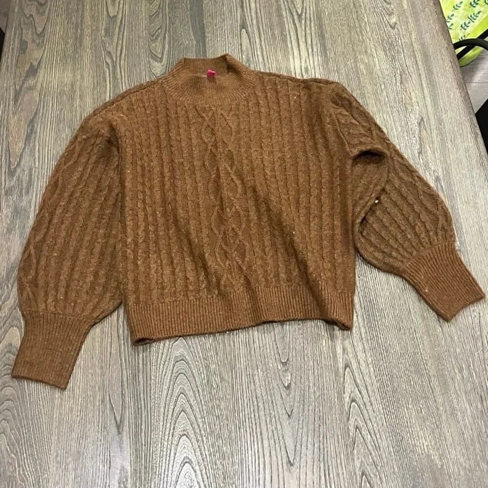 Vince Camuto Womens Cropped Cable Knit Sweater High Neck Pullover Brown Size S